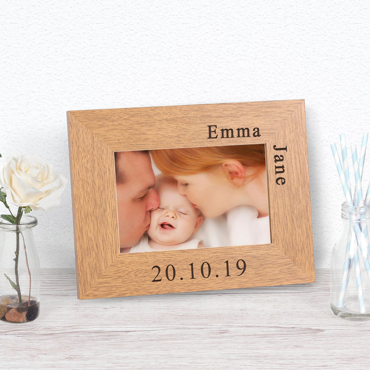 Personalised New Baby Wooden Photo Frame 6x4 with Name &amp; Date