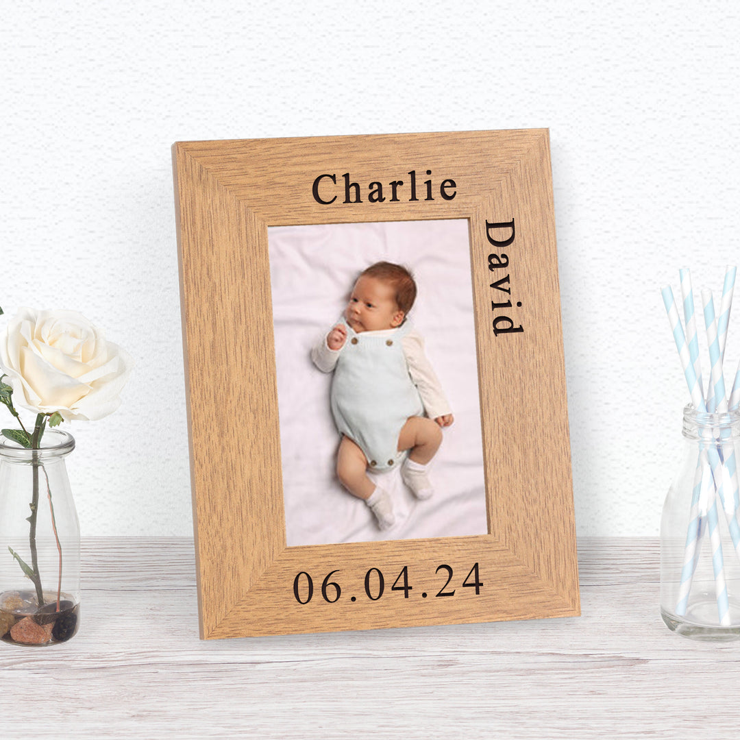 Personalised New Baby Wooden Photo Frame 6x4 with Name &amp; Date