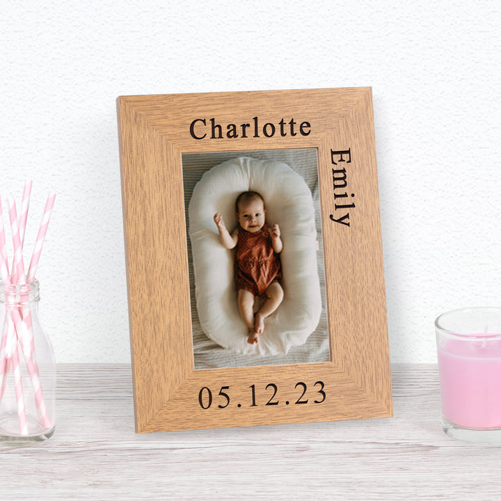 Personalised New Baby Wooden Photo Frame 6x4 with Name &amp; Date