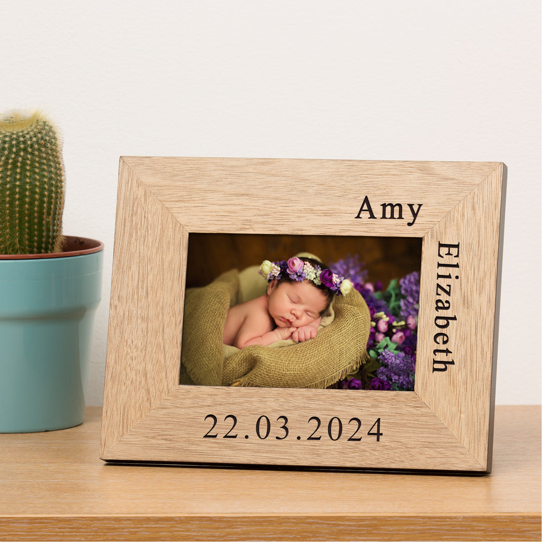 Personalised New Baby Wooden Photo Frame 6x4 with Name &amp; Date