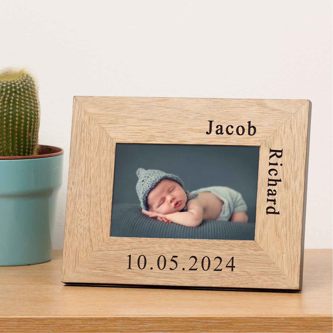 Personalised New Baby Wooden Photo Frame 6x4 with Name &amp; Date