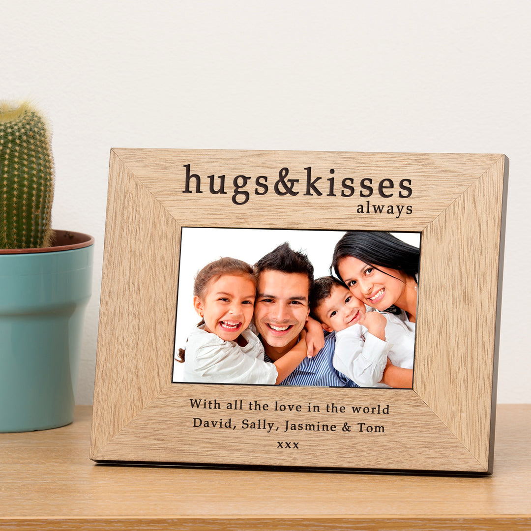 Personalised Hugs and Kisses Always 6x4 Oak Effect Photo Frame