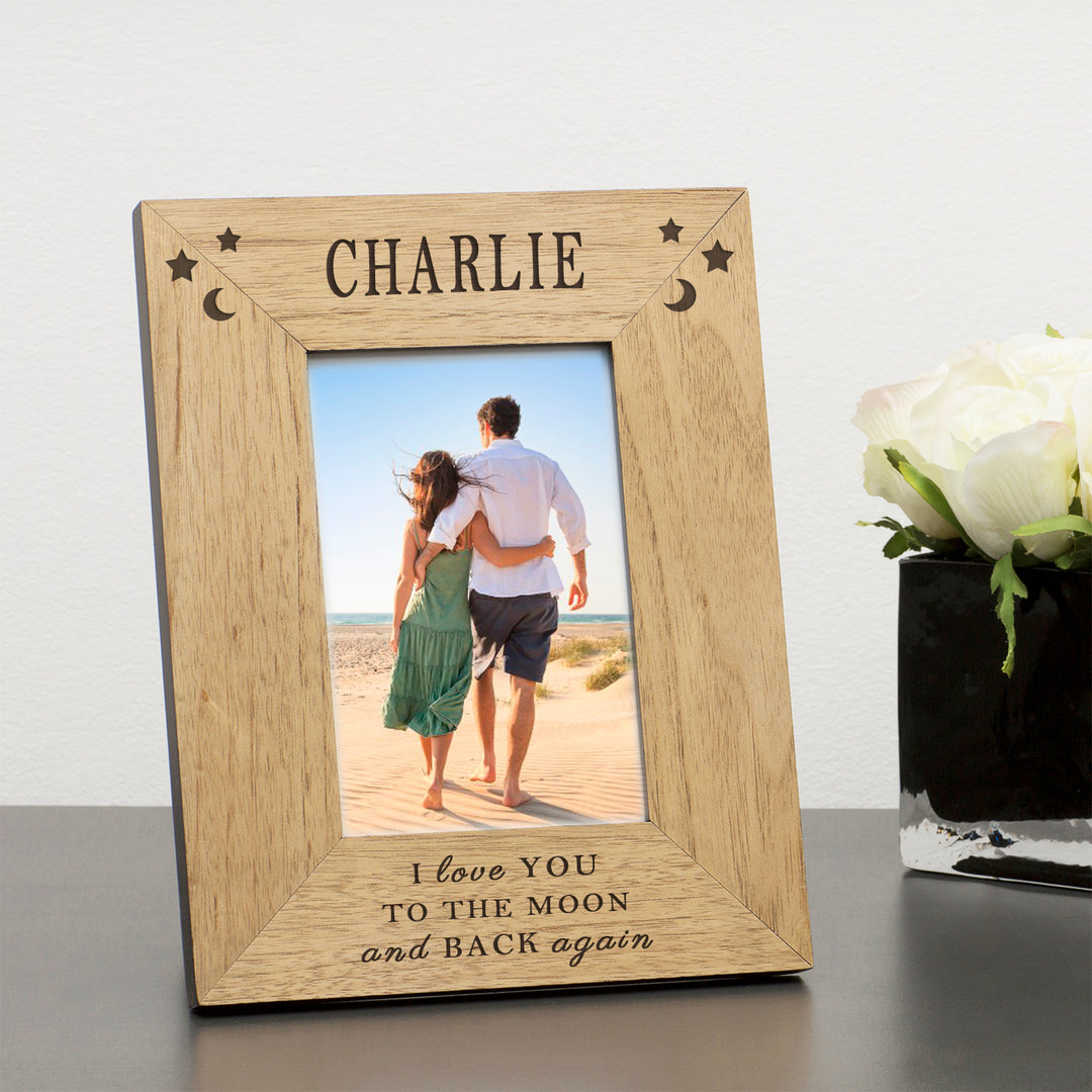 Personalised Moon and Back Wooden 6x4 Photo Frame