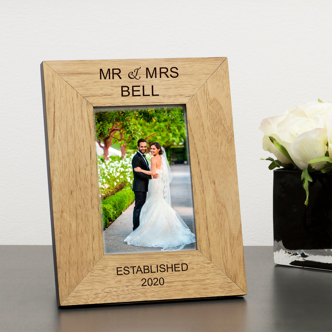 Personalised Mr &amp; Mrs Oak Finish Photo Frame 6x4