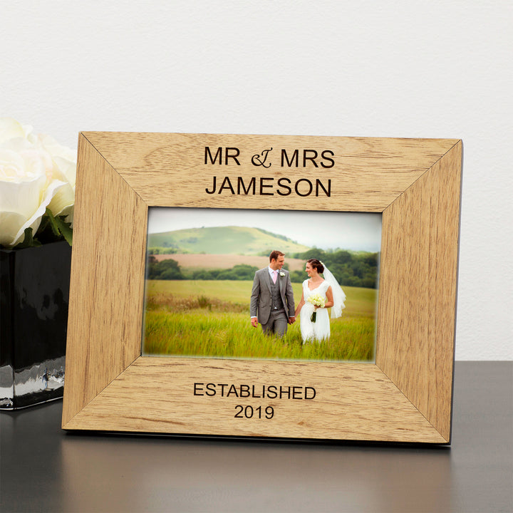 Personalised Mr &amp; Mrs Oak Finish Photo Frame 6x4
