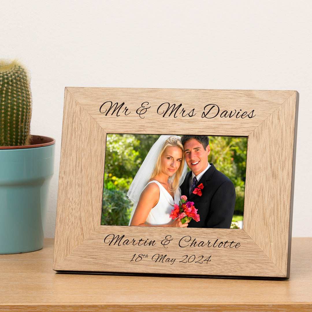 Personalised Mr &amp; Mrs Oak Finish Photo Frame 7x5