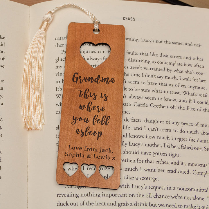 Personalised Where You Fell Asleep Cherry Wood Bookmark