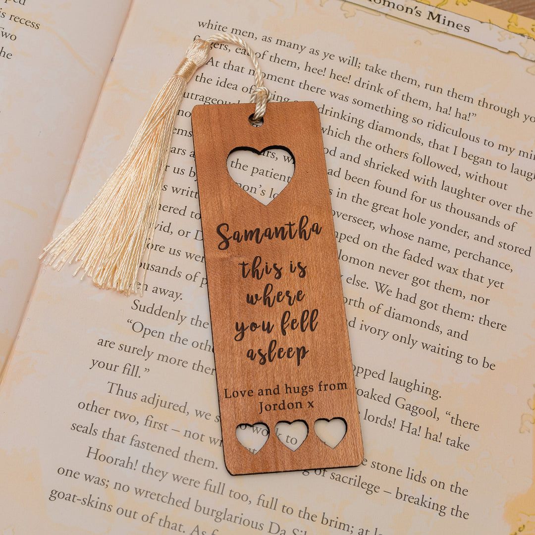 Personalised Where You Fell Asleep Cherry Wood Bookmark
