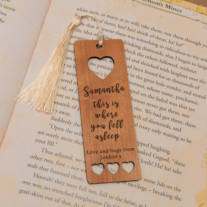 Personalised Where You Fell Asleep Cherry Wood Bookmark