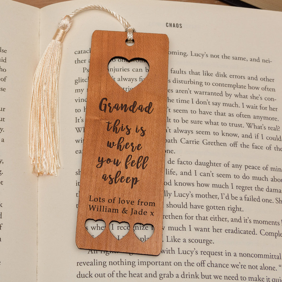 Personalised Where You Fell Asleep Cherry Wood Bookmark