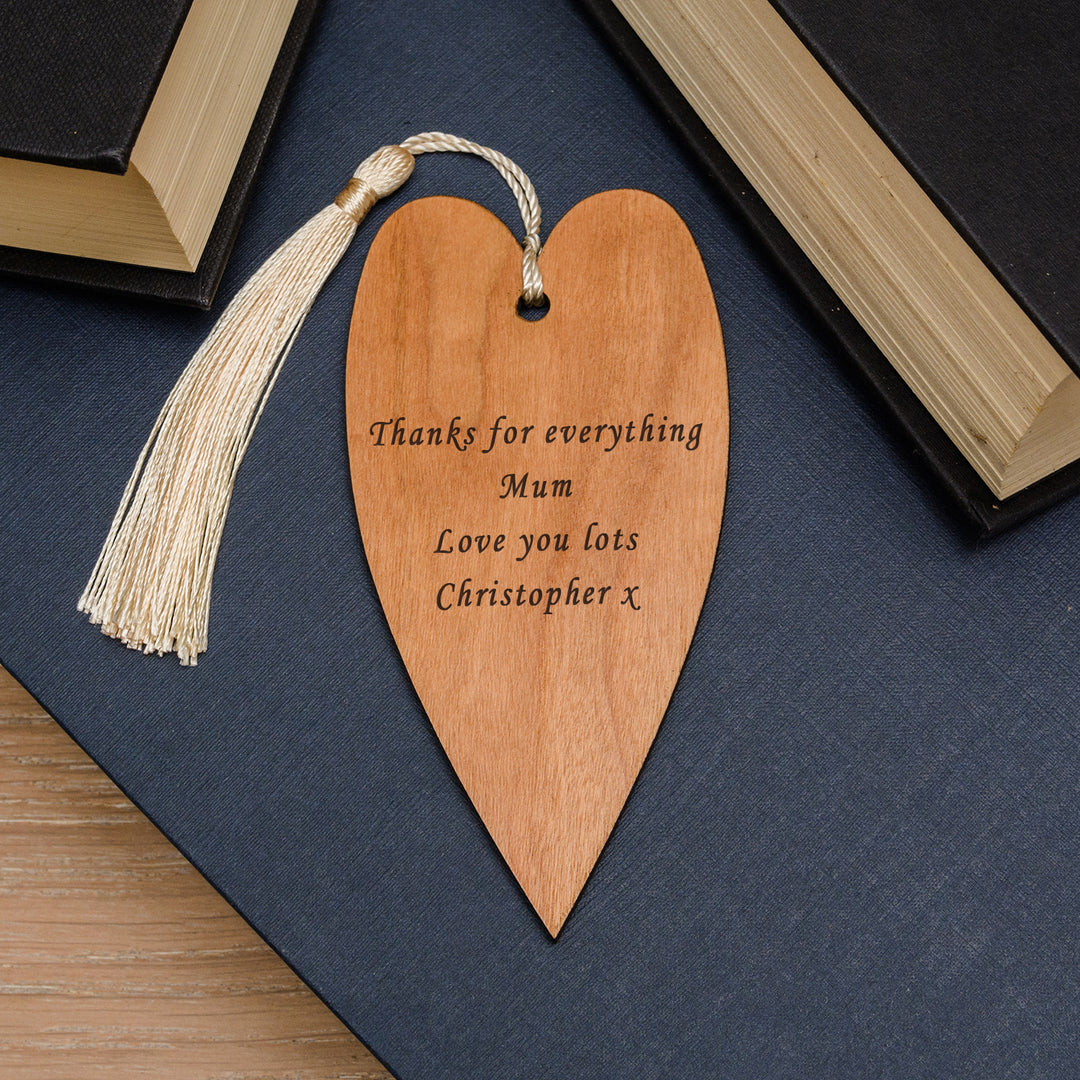 Personalised Cherry Wood Heart Bookmark with Tassel