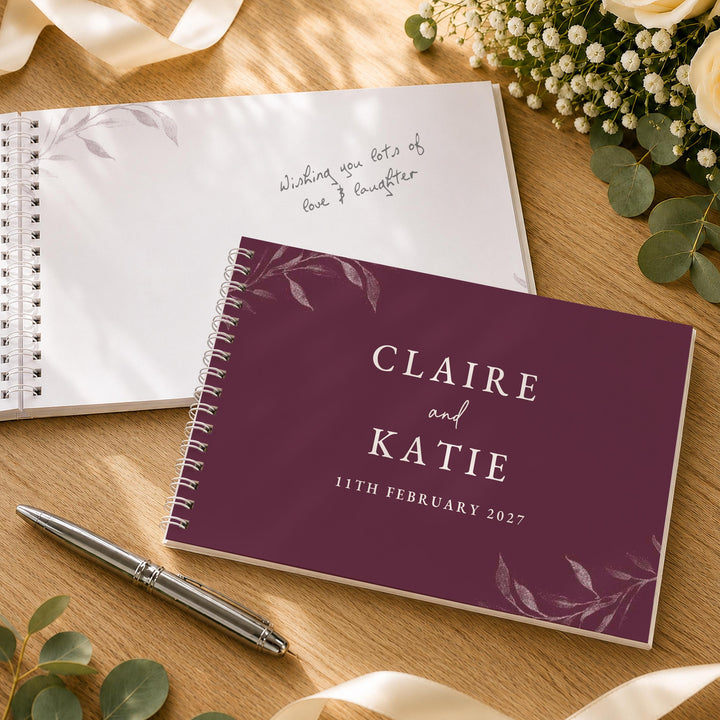 Personalised Botanical Plum Wedding Guest Book, The Personal Shop, personalised gifts
