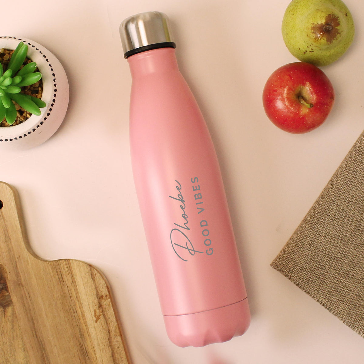 Personalised Two Lines Pink Metal Insulated Drinks Bottle, The Personal Shop, personalised gifts