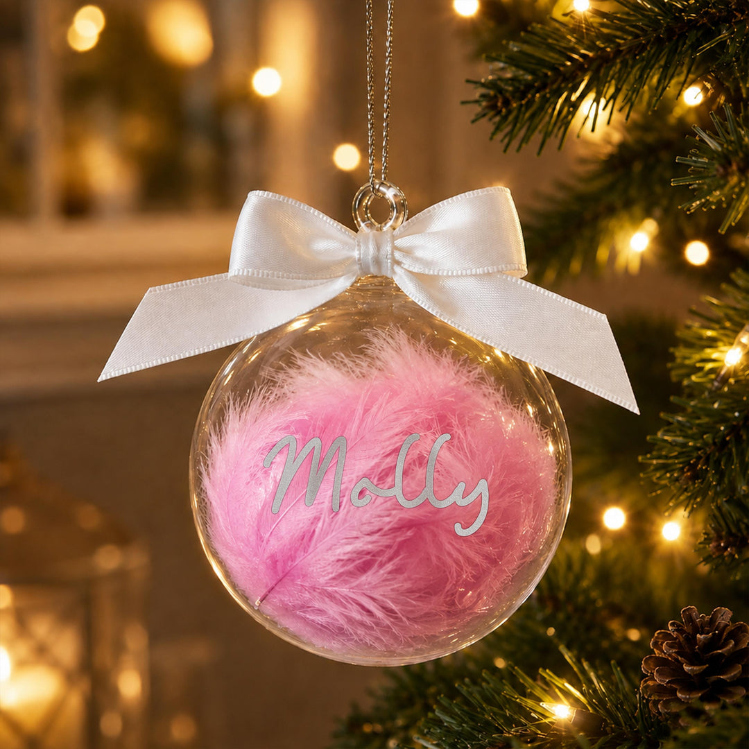 Personalised Glass Bauble with Pink Feather &amp; Name Ribbon, The Personal Shop, personalised gifts