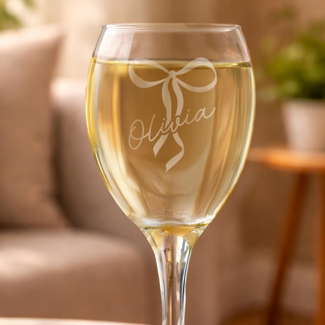 Personalised Bow Wine Glass, The Personal Shop, personalised gifts