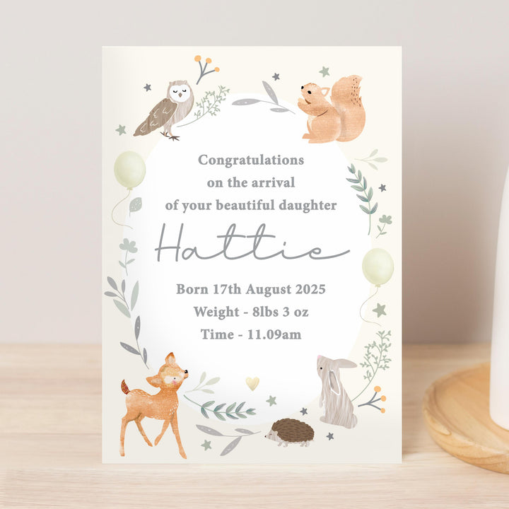 Personalised Woodland Animals New Baby Card, The Personal Shop, personalised gifts