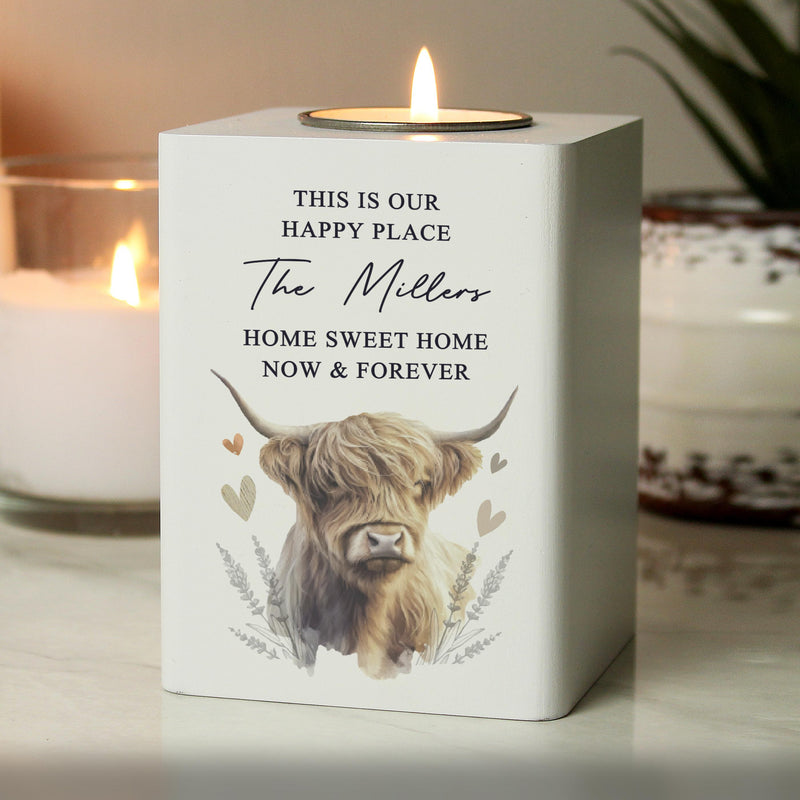 Personalised Highland Cow Wooden Tealight Holder