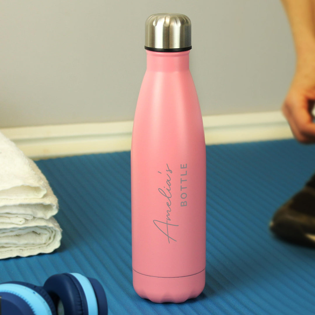 Personalised Two Lines Pink Metal Insulated Drinks Bottle, The Personal Shop, personalised gifts