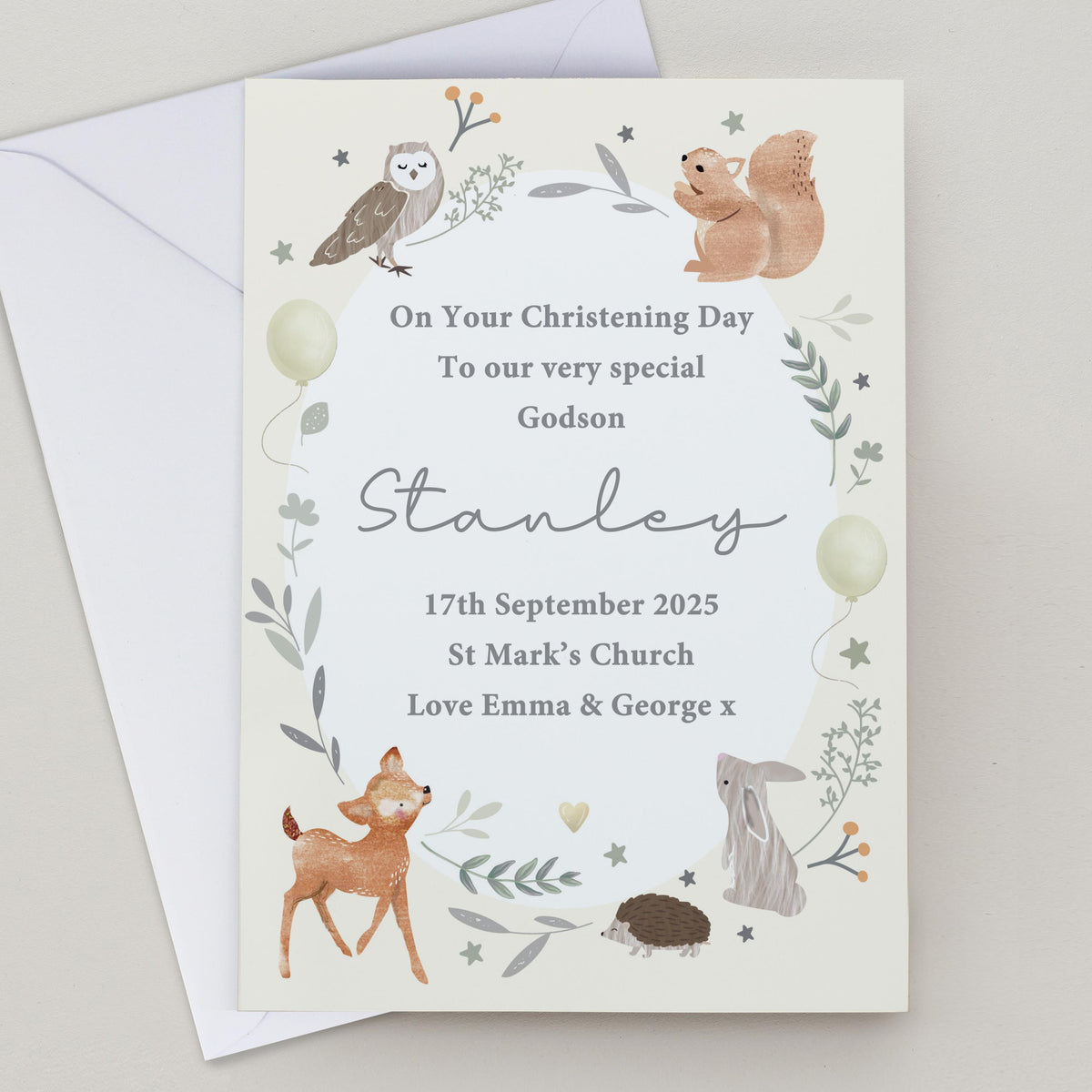 Personalised Woodland Animals New Baby Card, The Personal Shop, personalised gifts