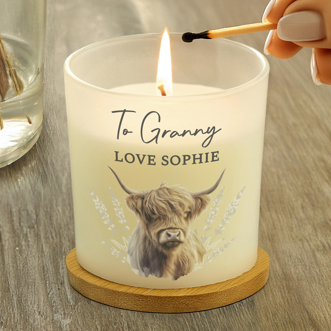 Personalised Highland Cow Frosted Glass Candle, The Personal Shop, personalised gifts