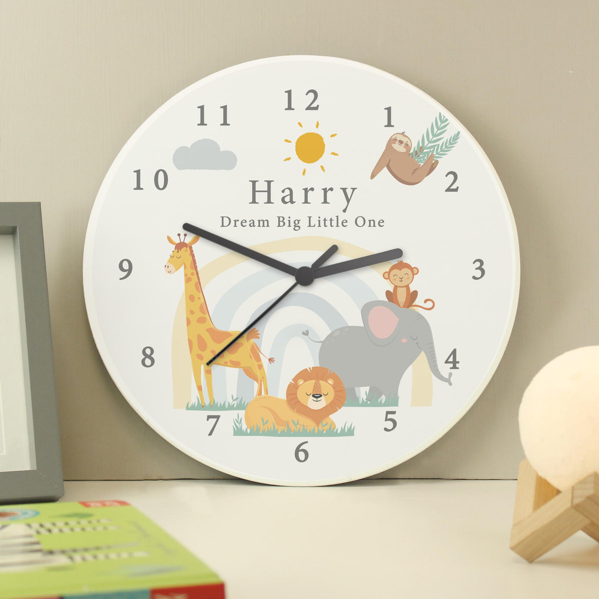 Personalised Safari Animals Wooden Nursery Clock, The Personal Shop, personalised gifts