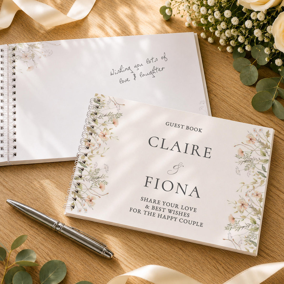 Personalised Peach Wild Flowers Wedding Guest Book, The Personal Shop, personalised gifts
