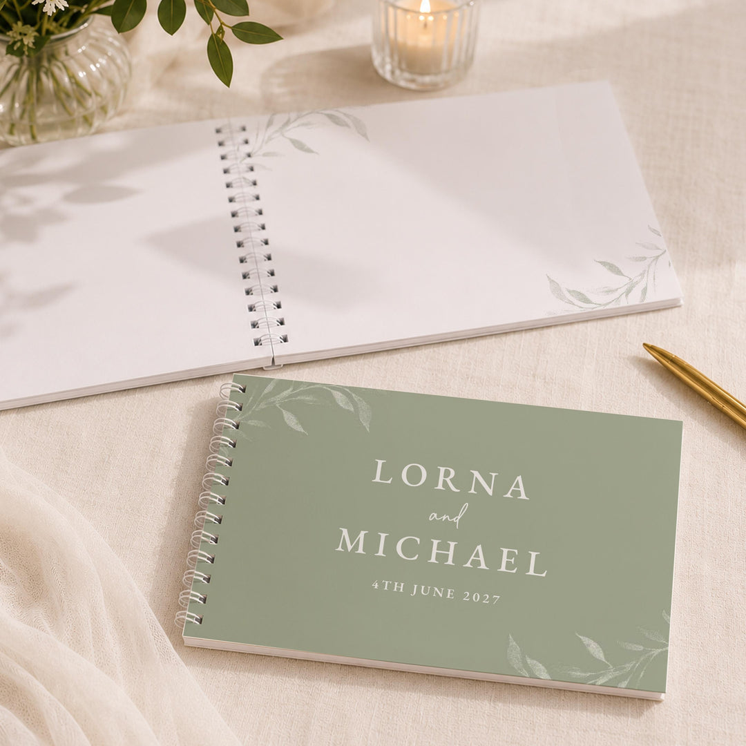 Personalised Botanical Sage Green Wedding Guest Book, The Personal Shop, personalised gifts