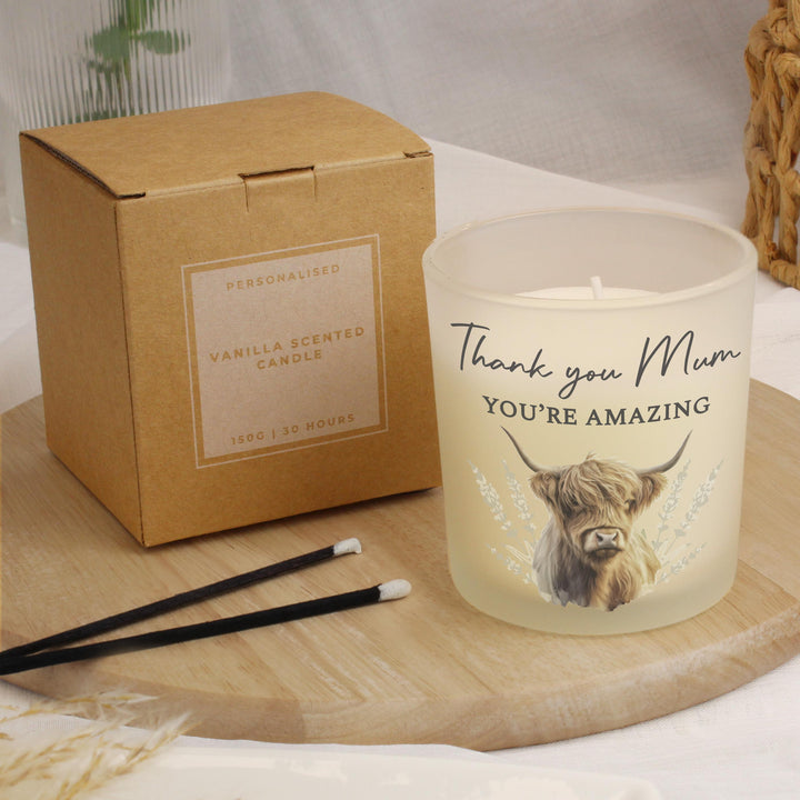 Personalised Highland Cow Frosted Glass Candle, The Personal Shop, personalised gifts