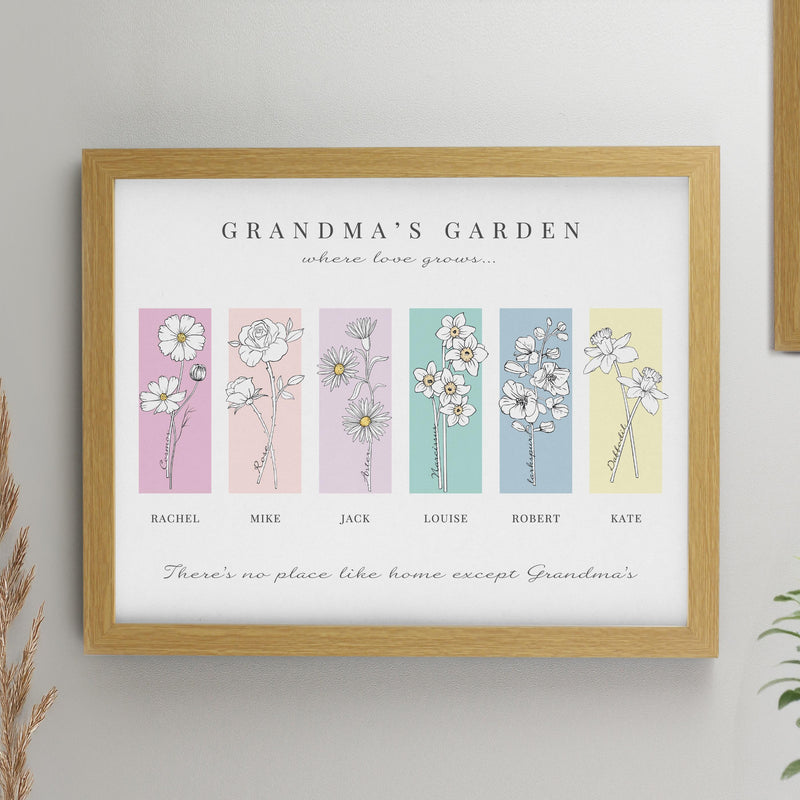 Personalised Birth Flower Family of 6 Oak Framed Print