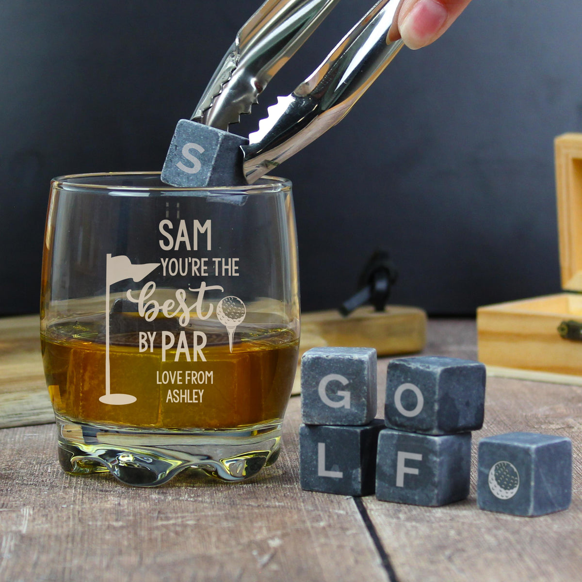 Personalised Best By Par Glass & Whisky Stones – alternative view