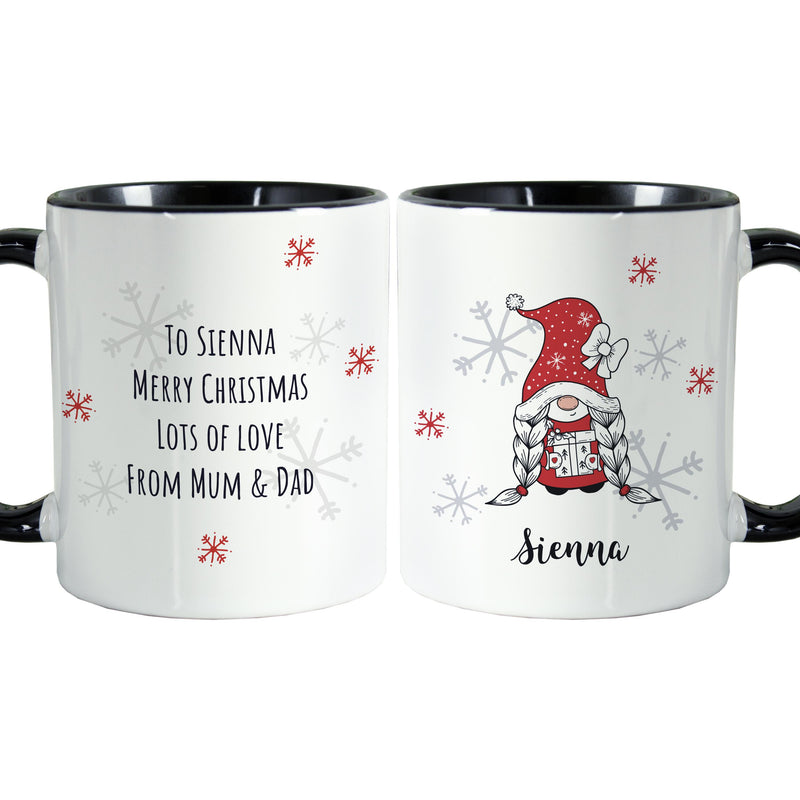 Personalised Gonk Family Black Handled Christmas Mug - Girl