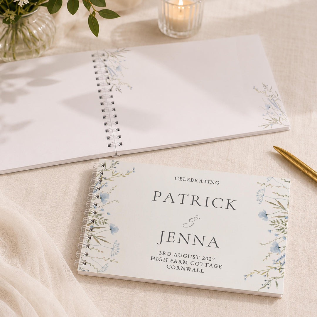 Personalised Blue Wild Flowers Wedding Guest Book, The Personal Shop, personalised gifts