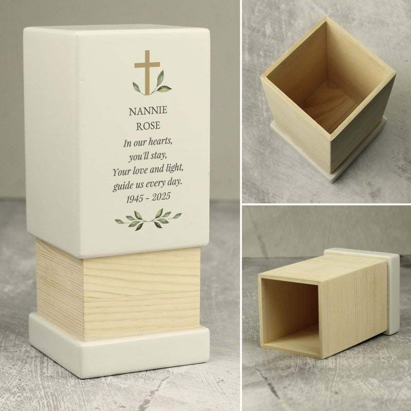 Personalised Memorial Cross Small Wooden Urn