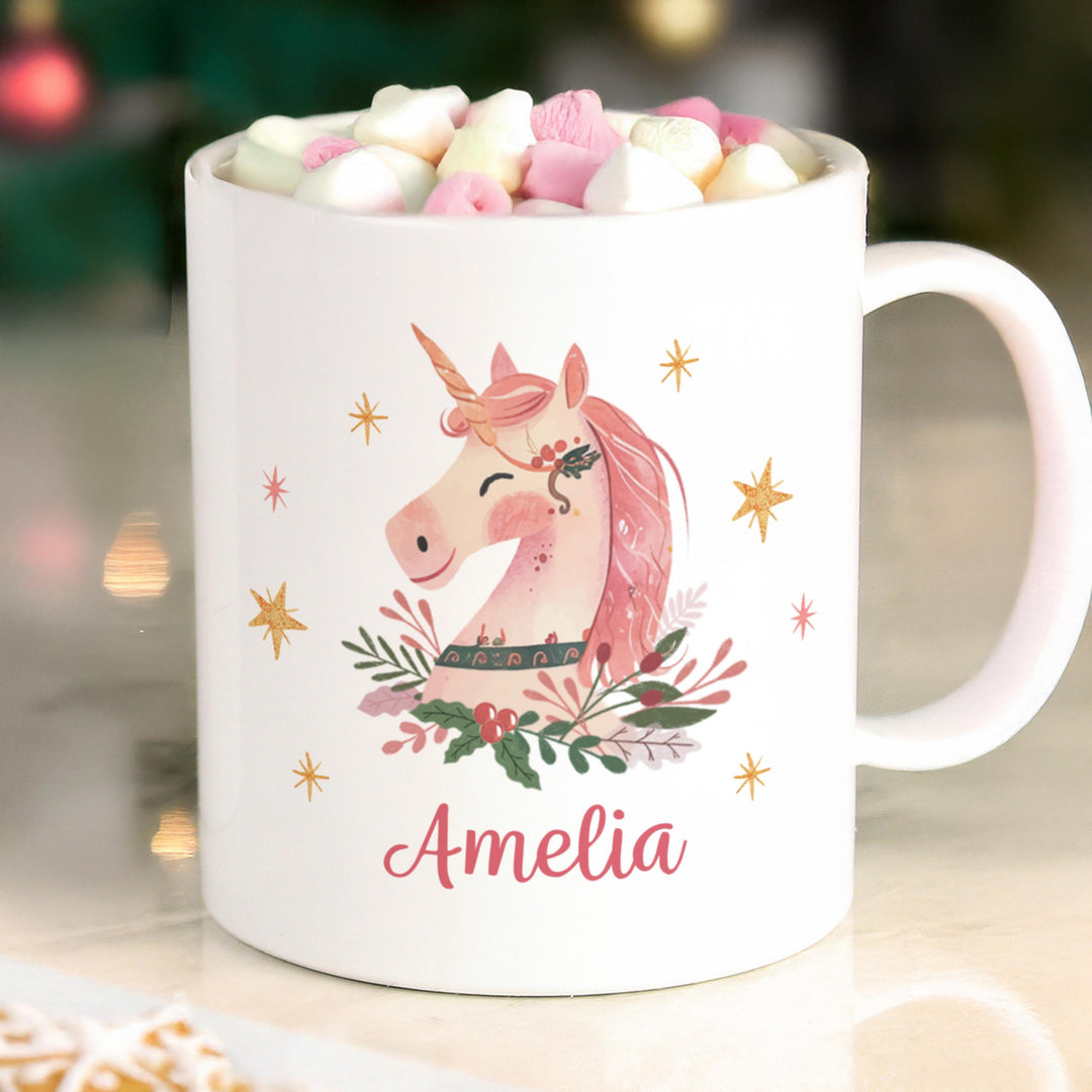 Personalised Unicorn Christmas Plastic Mug – alternative view