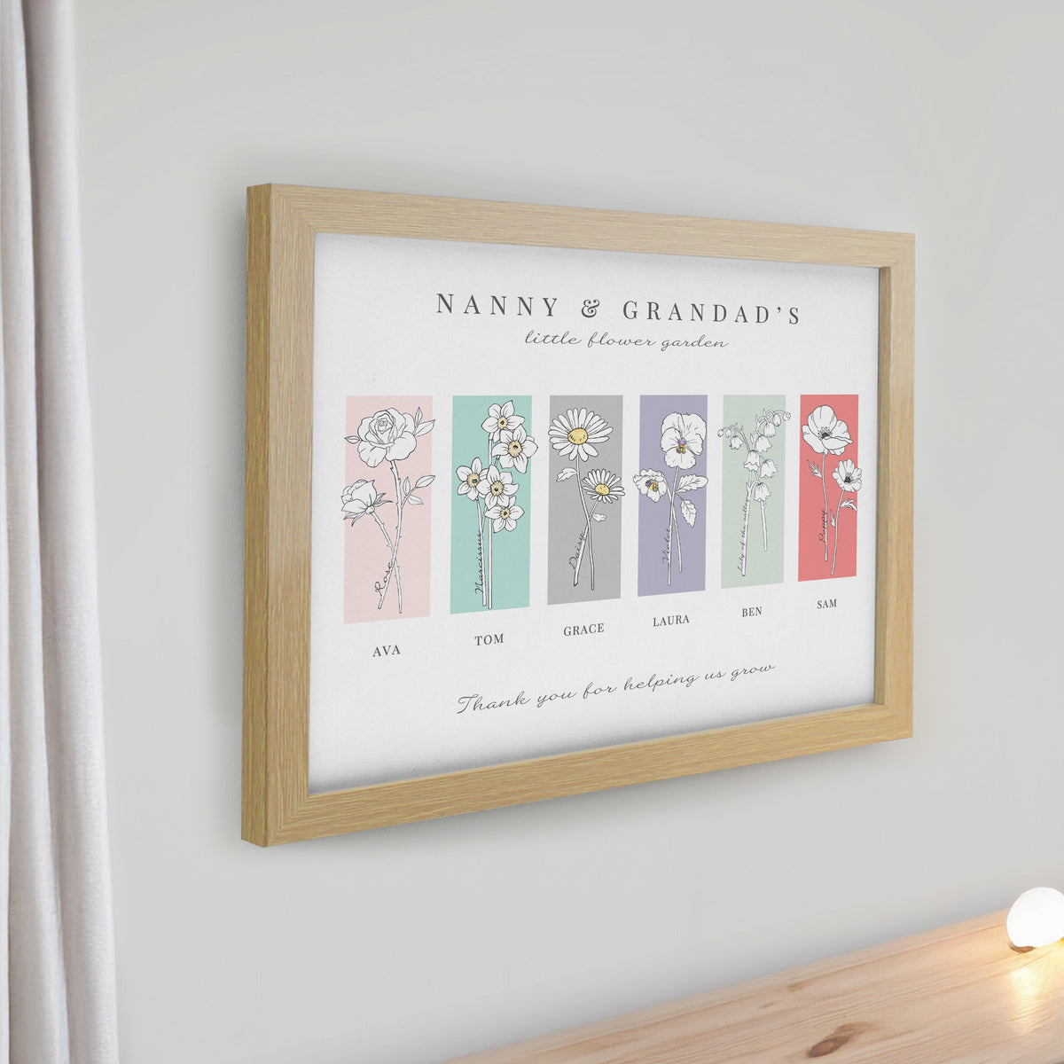 Personalised Birth Flower Family of 6 Oak Framed Print – alternative view