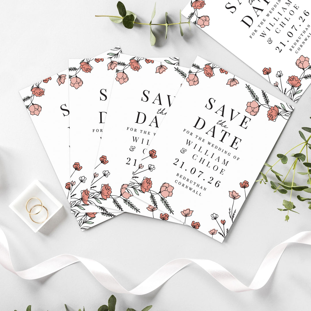Personalised Pink Floral Set of 36 Wedding Save the Dates – alternative view