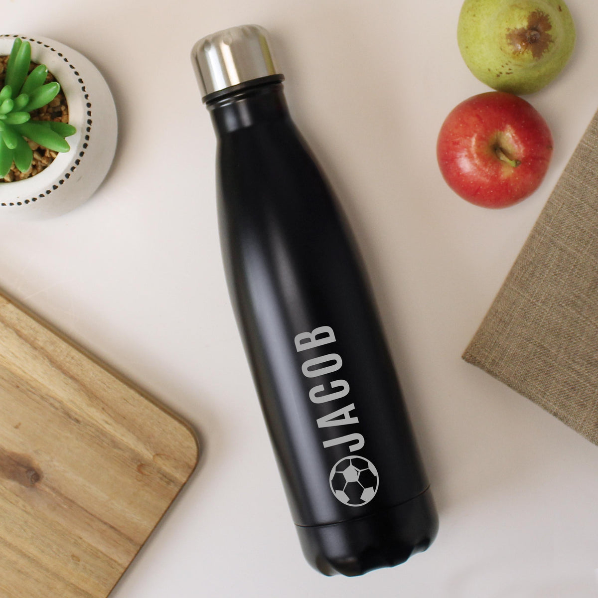 Personalised Football Black Metal Insulated Drinks Bottle – alternative view