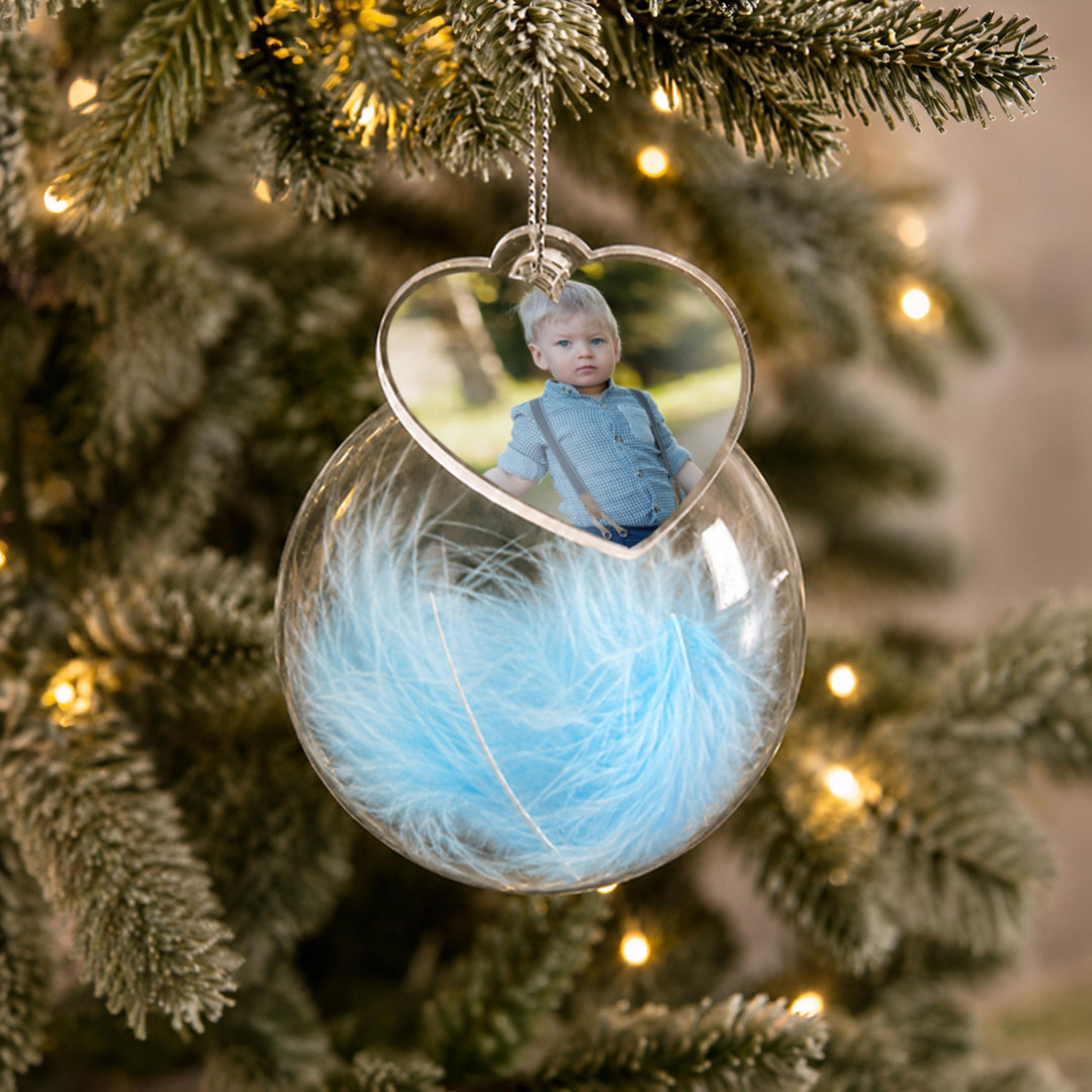 Personalised Photo Glass Bauble with Blue Feather, The Personal Shop, personalised gifts