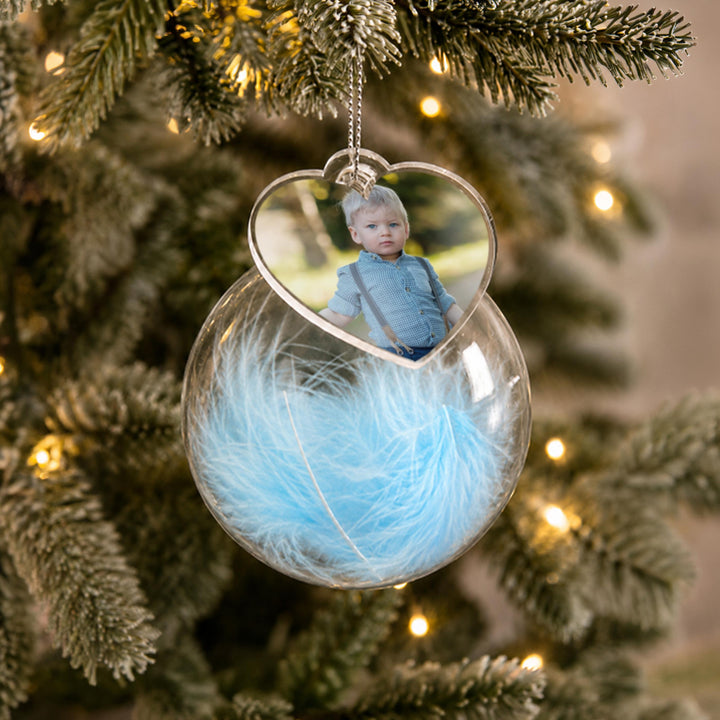 Personalised Photo Glass Bauble with Blue Feather, The Personal Shop, personalised gifts