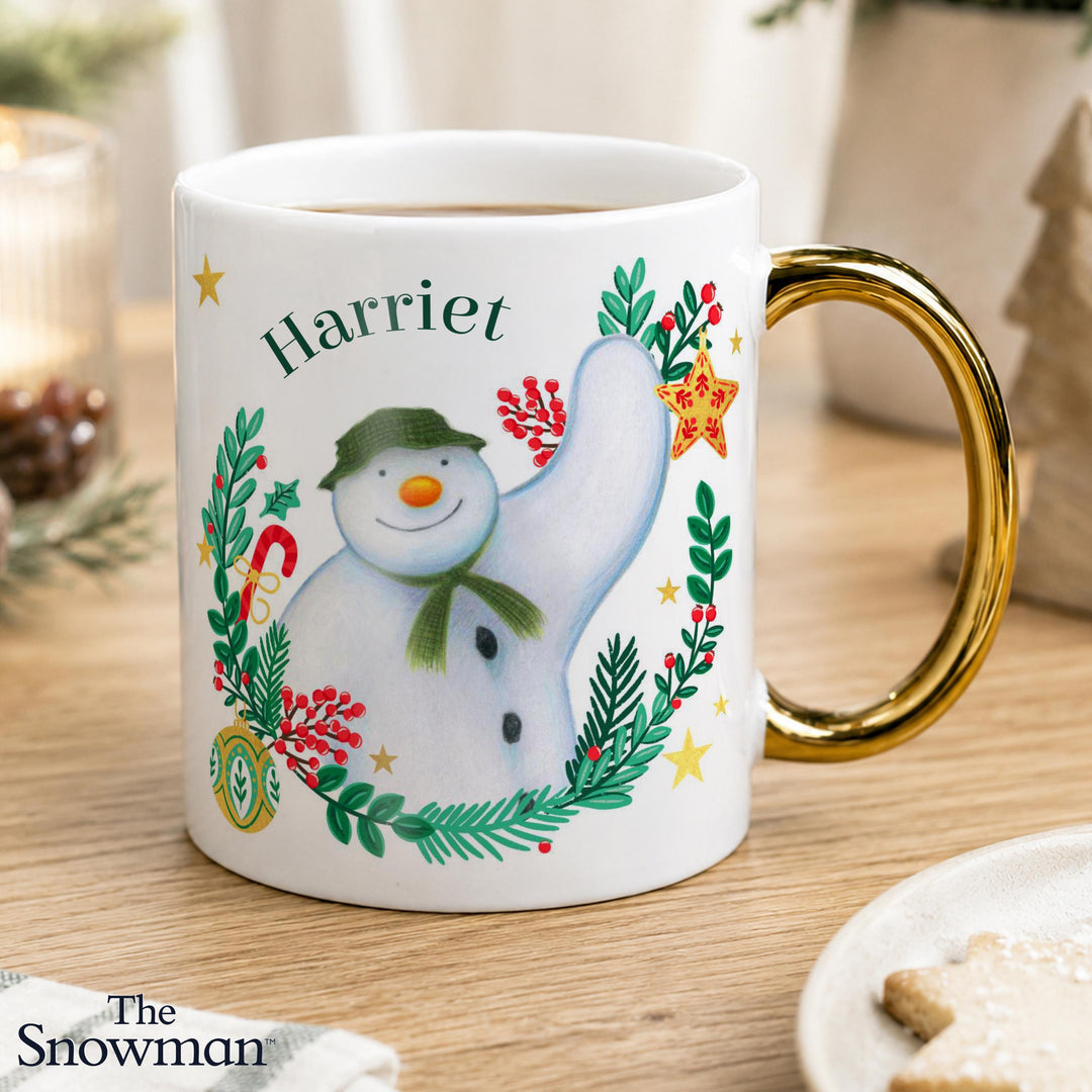 Personalised The Snowman Gold Handle Christmas Wishes Mug