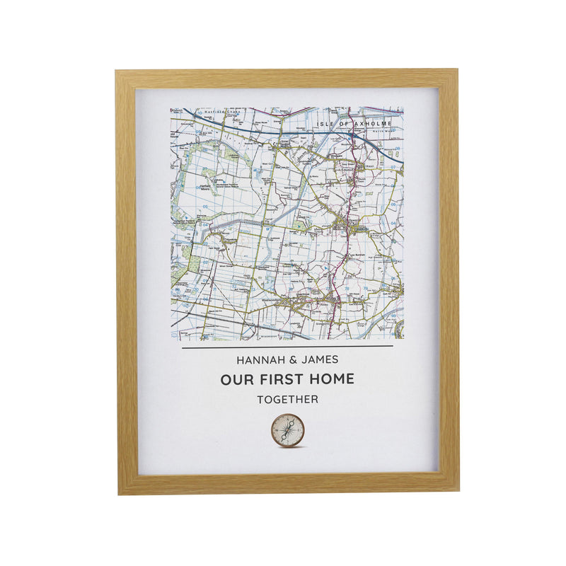 Personalised Present Day Map Compass Oak Poster Frame