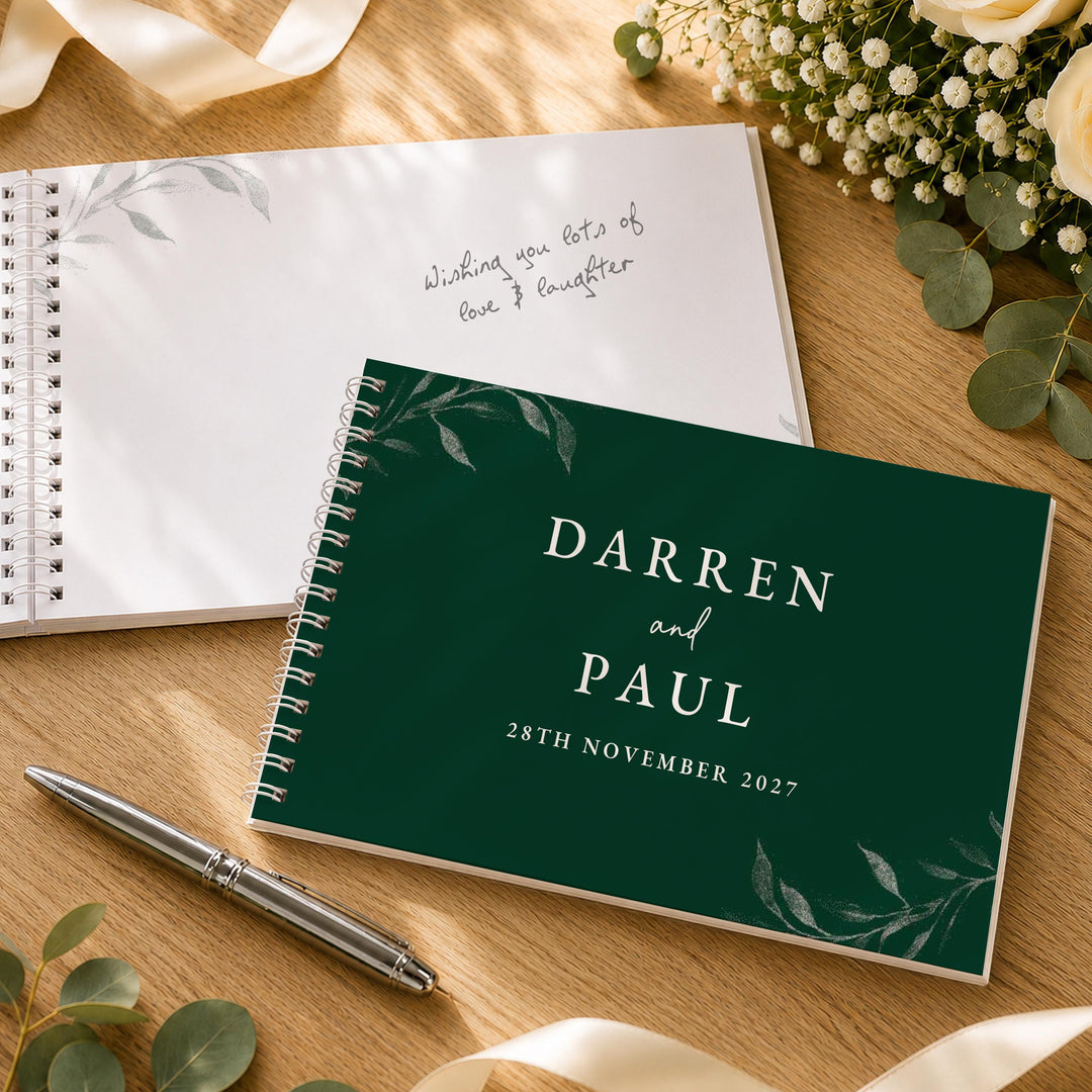 Personalised Botanical Evergreen Wedding Guest Book, The Personal Shop, personalised gifts