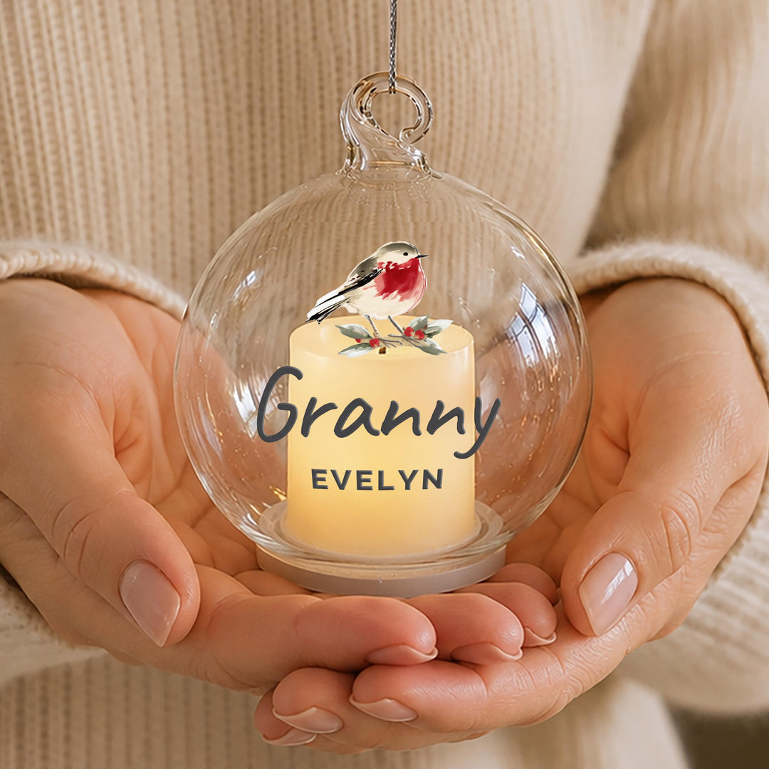 Personalised Robin Memorial LED Candle Glass Bauble, The Personal Shop, personalised gifts