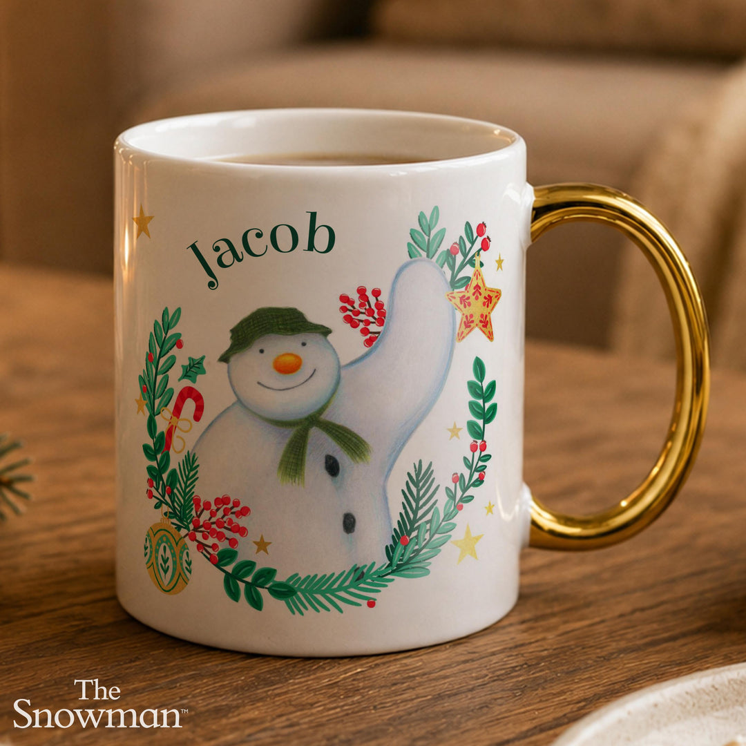 Personalised The Snowman Gold Handle Christmas Wishes Mug