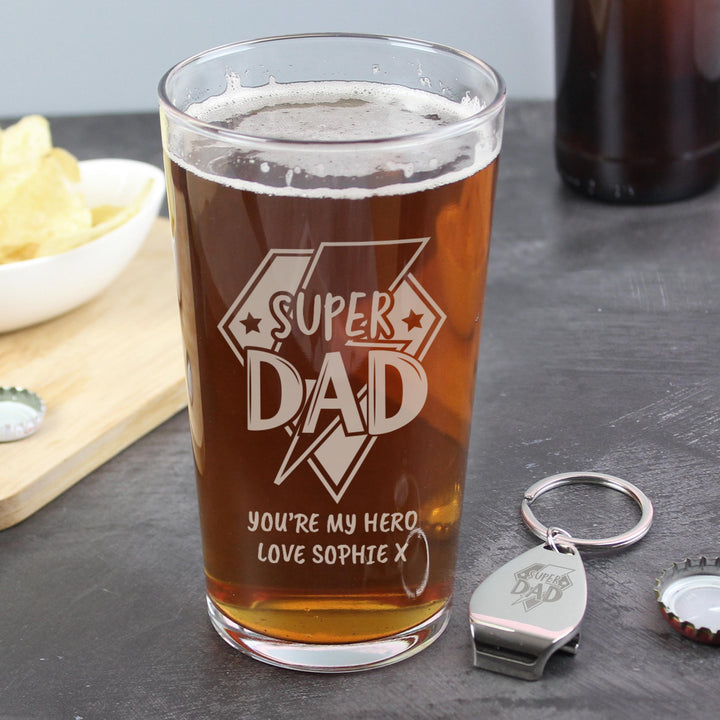 Personalised Super Dad Pint Glass &amp; Bottle Opener – alternative view