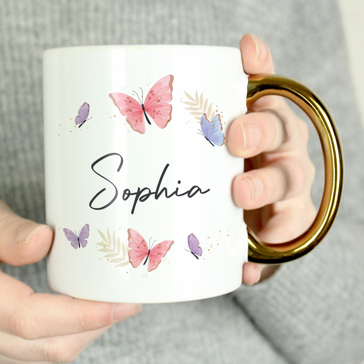 Personalised Butterfly Gold Handled Mug – alternative view