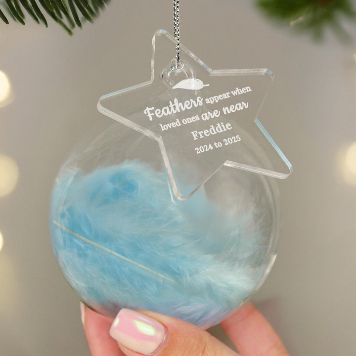 Personalised Blue Memorial Feather Bauble – alternative view