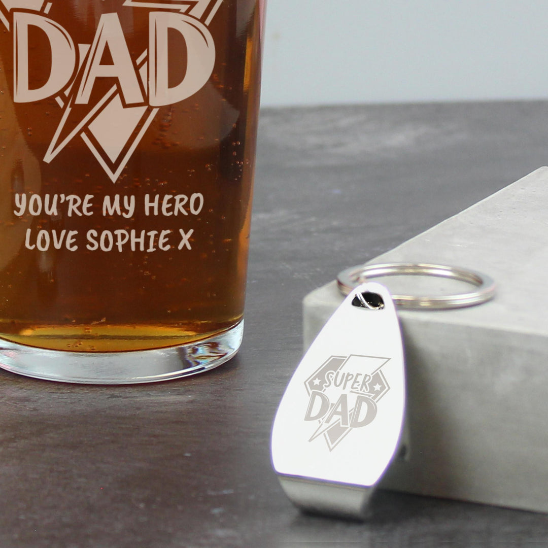 Personalised Super Dad Pint Glass &amp; Bottle Opener – alternative view