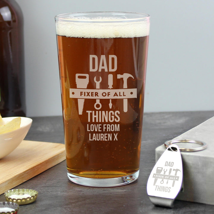 Personalised Fixer of All Things Pint Glass &amp; Bottle Opener