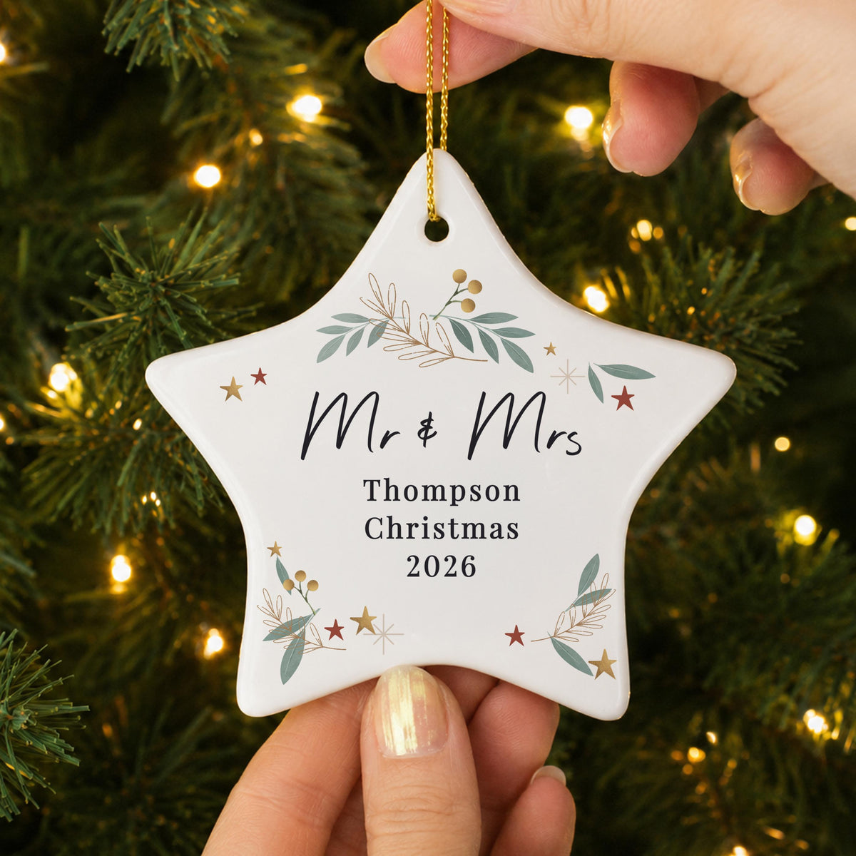 Personalised Botanical Christmas Ceramic Star Decoration, The Personal Shop, personalised gifts